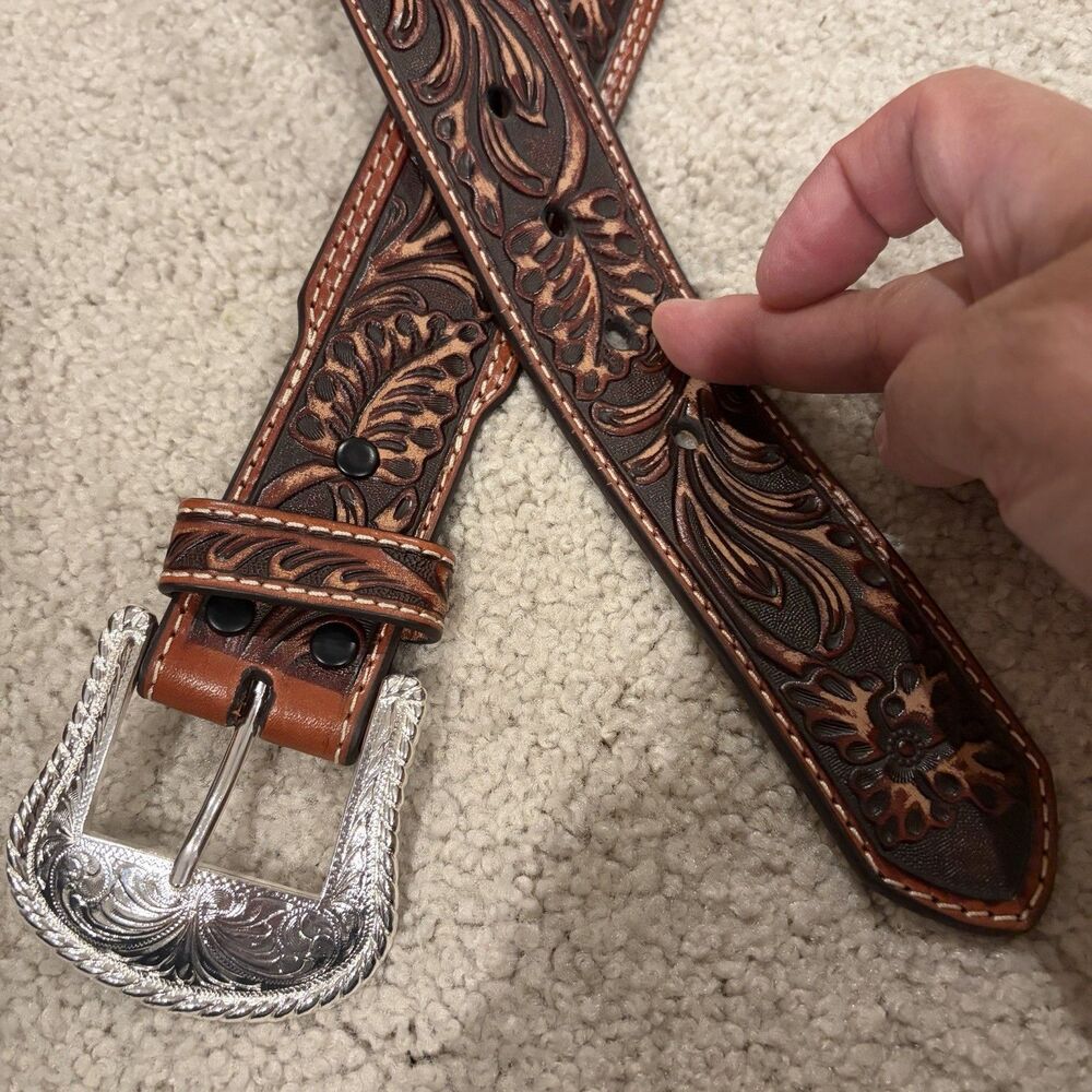 NWT Cody James Men Tooled Floral Leah Embossed Western Belt Silver Buckle Sz 32
